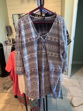 Grey & White  Patterned Tie-Front Tunic swim cover-up